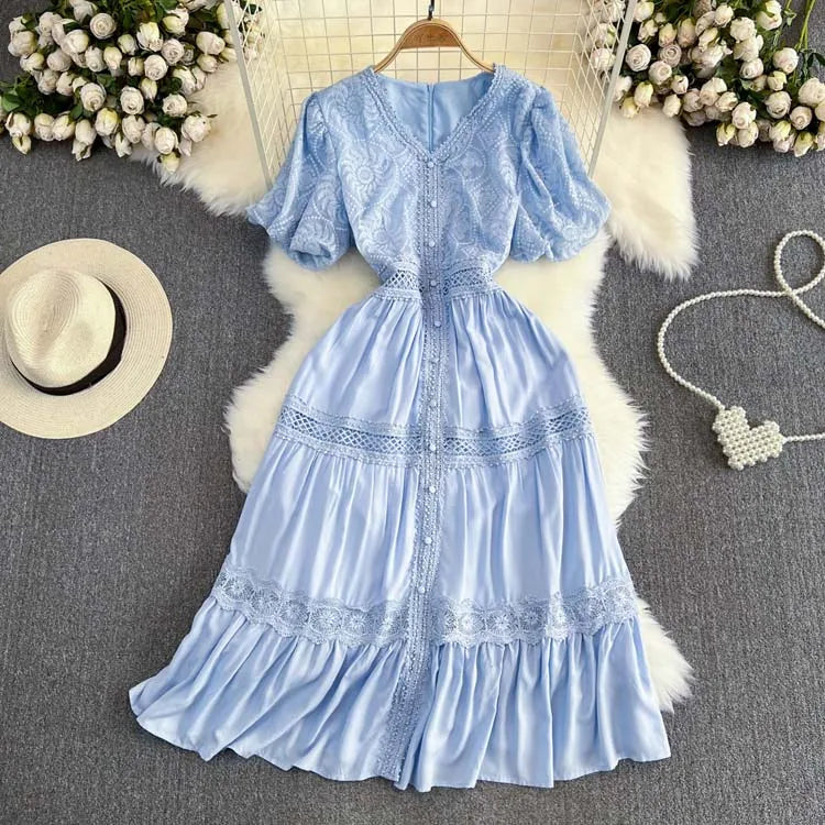 Treends Solid V-neck Lace embroidery Dress