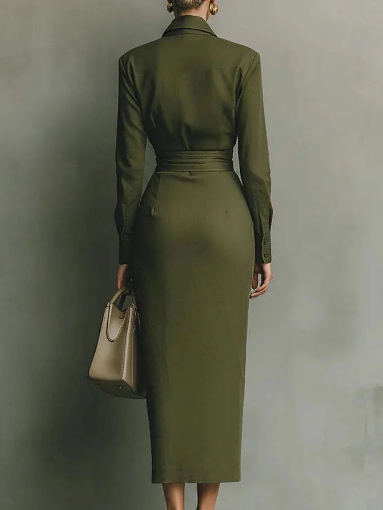 Treends Elegant Solid Turn-Down Collar Dress