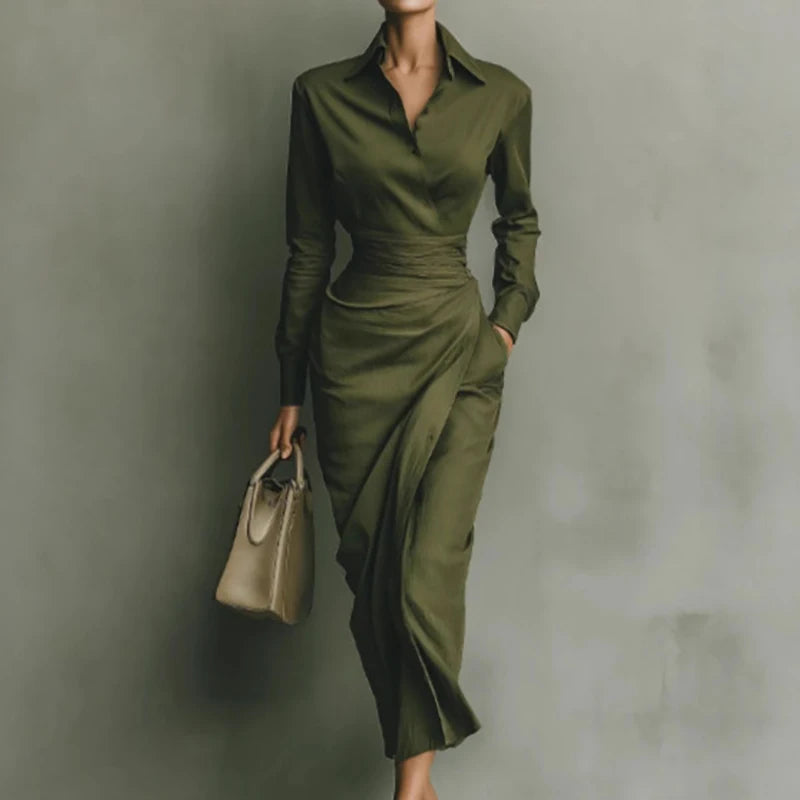 Treends Elegant Solid Turn-Down Collar Dress