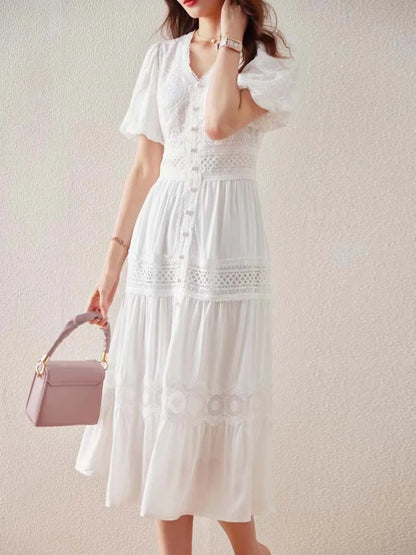 Treends Solid V-neck Lace embroidery Dress