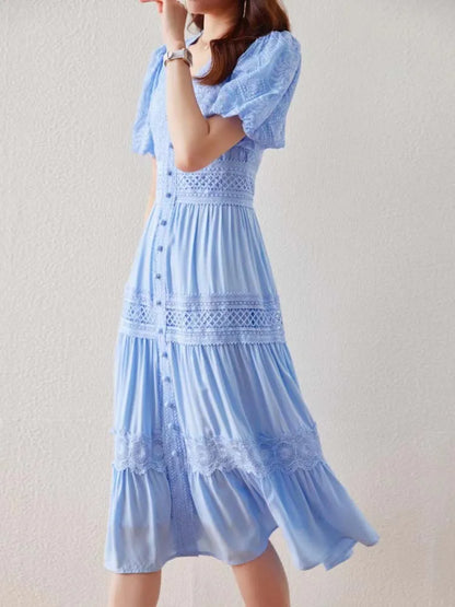 Treends Solid V-neck Lace embroidery Dress