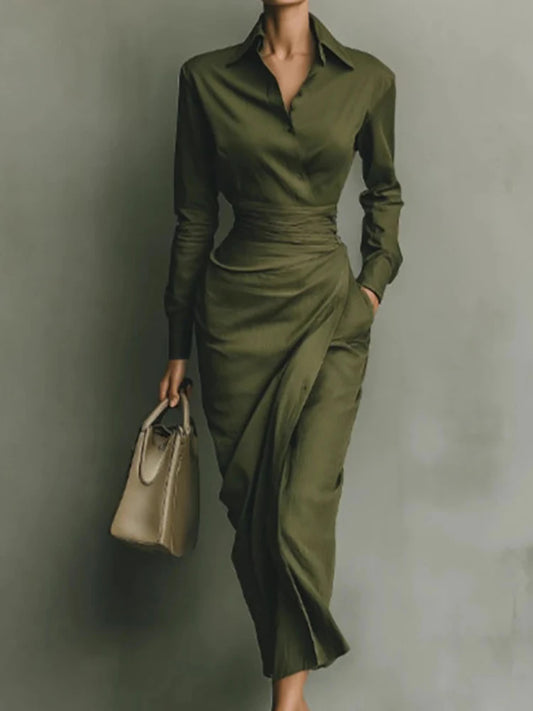 Treends Elegant Solid Turn-Down Collar Dress