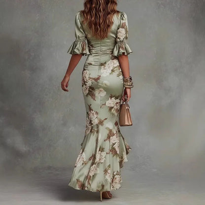 Treends Elegant Floral Satin Long Dress